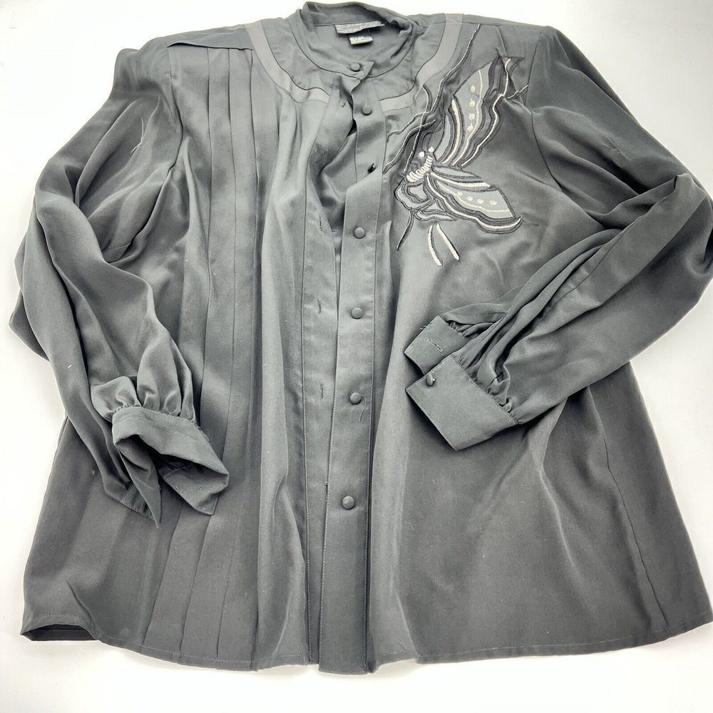 Suzelle VTG 100% Silk Black Blouse Embroidered Butterfly Size 10 Black